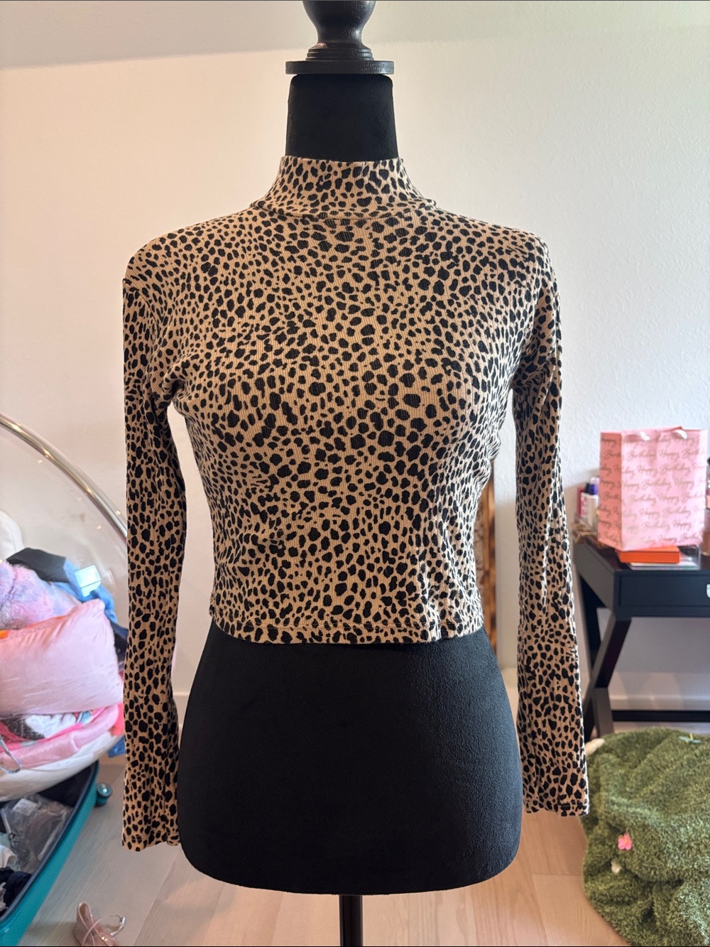 Brandy Melville Tan and Black Leopard Mock Neck Long Sleeve Top